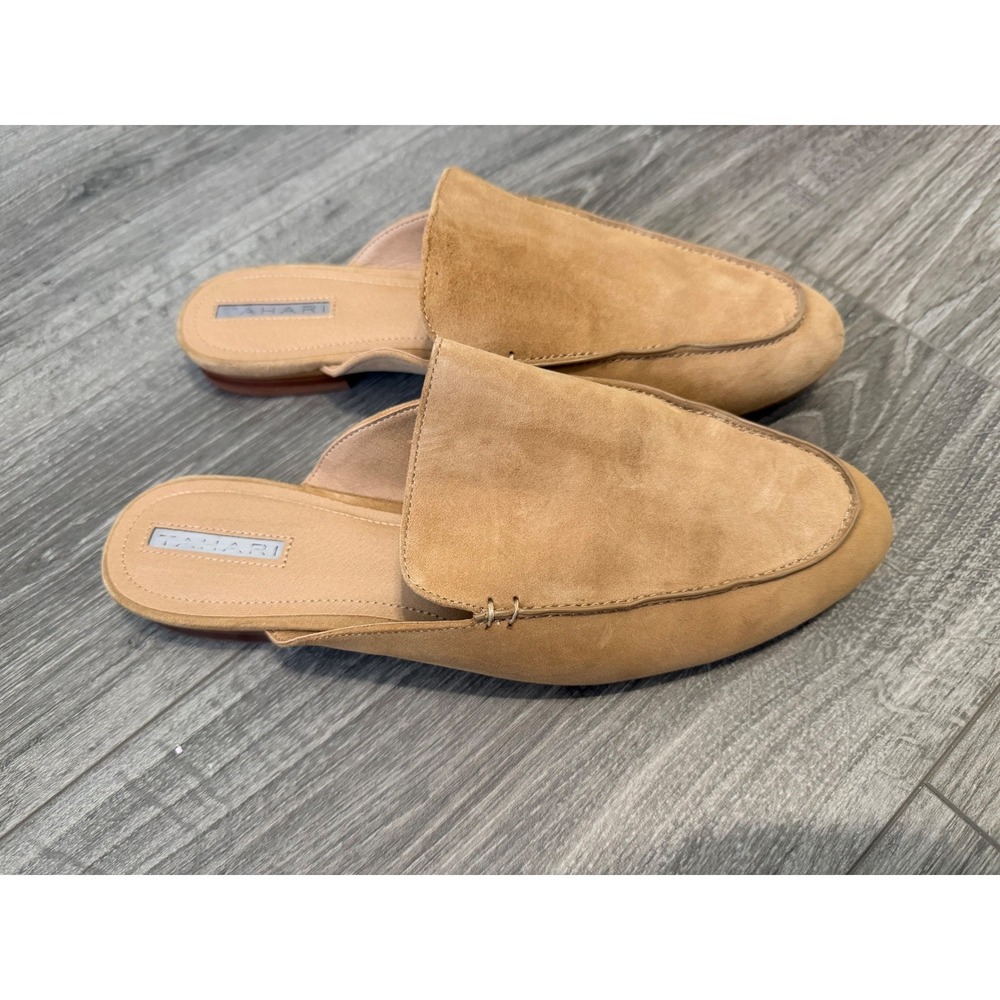 Tahari Mules Size 11 Tan Suede Pointed‎ Toe Slip On Flats Flower Loafer Slides